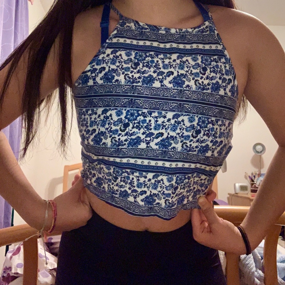 blue printed halter crop top
